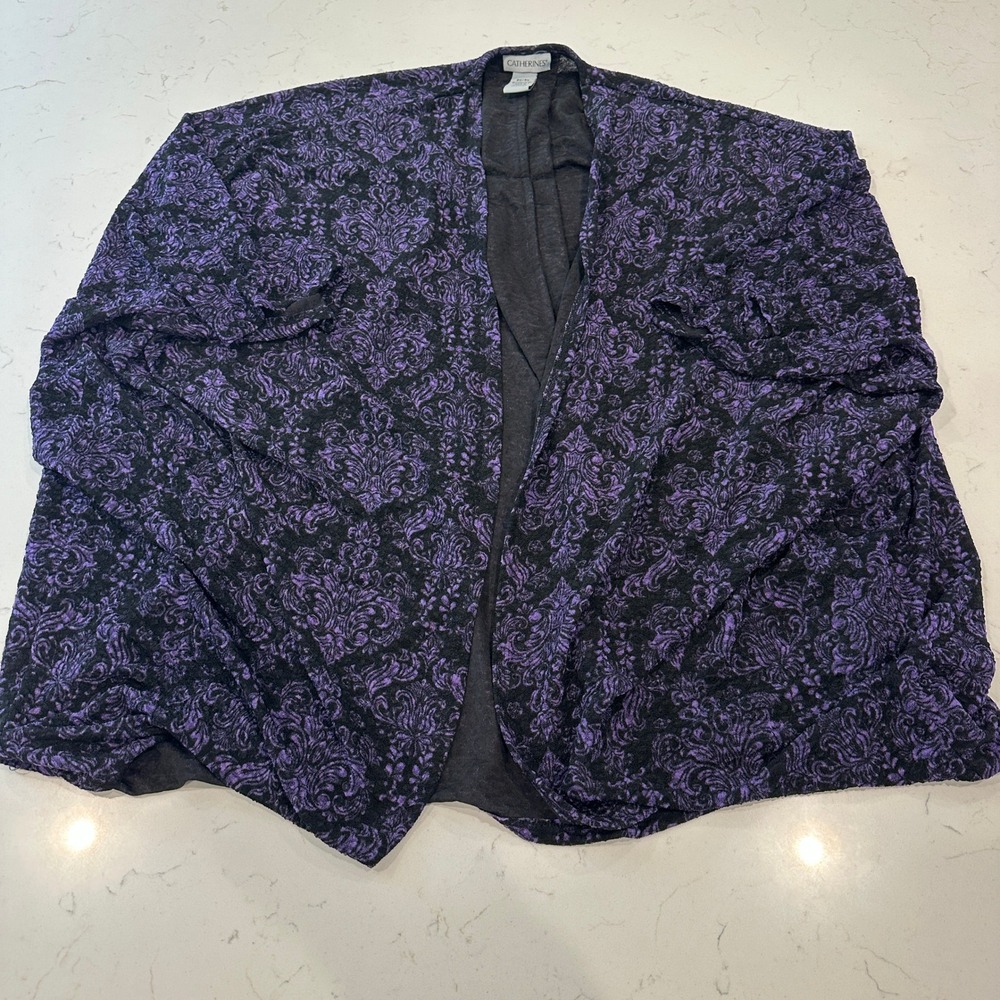 Catherines Purple Black Damask Open Front Cardigan Plus Size 2X 3X Short Sleeve